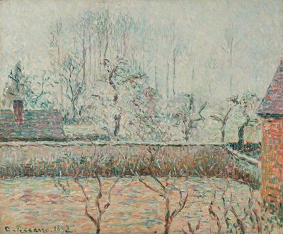 Landschap met huizen en omheining, rijp en mist (1892) door Camille Jacob Pissarro